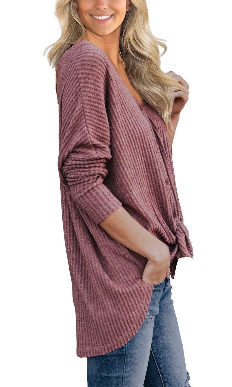 IWOLLENCE Womens Loose Henley Blouse Bat Wing Long Sleeve Button Down T Shirts Tie Front Knot Tops Rust Red, 2XL - Image 3